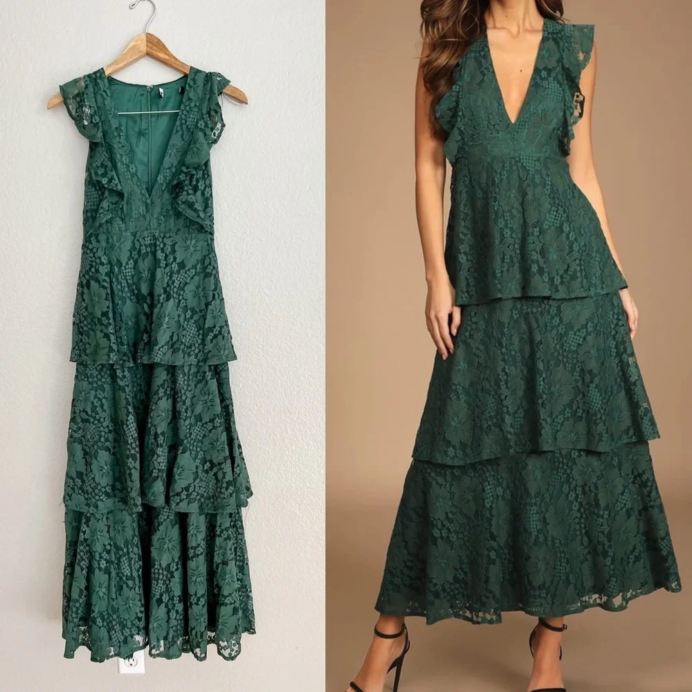Molinetto Forest Green Lace Ruffled Tiered Sleeveless Maxi Dress